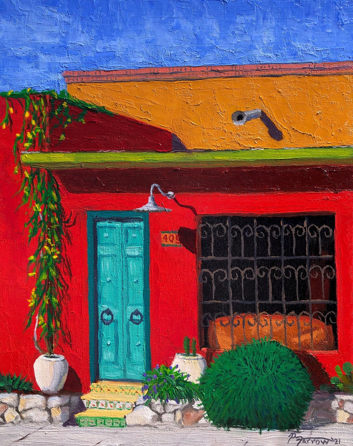 “Dressed in Red” oil painting of a Tucson Barrio home by Pete Farrow.